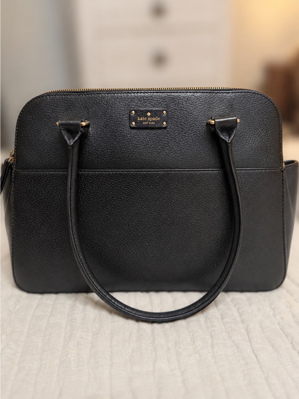 kate spade Black Pebbled Leather Satchel with Gold Hardware